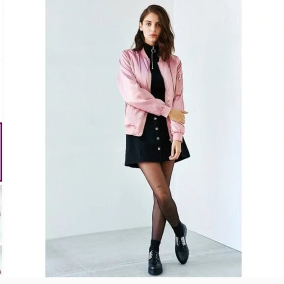 UNIF x UO Bomber Jacket Coat Satin Padded Pockets Full Zip Pink Size Medium - Picture 1 of 13